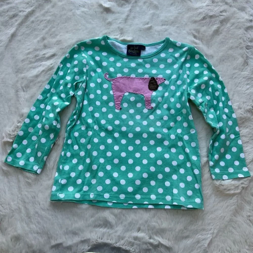 Mini Boden Long Sleeve Crew Neck T Shirt Polka Dot Dog Patch Pink Teal 9-10Y